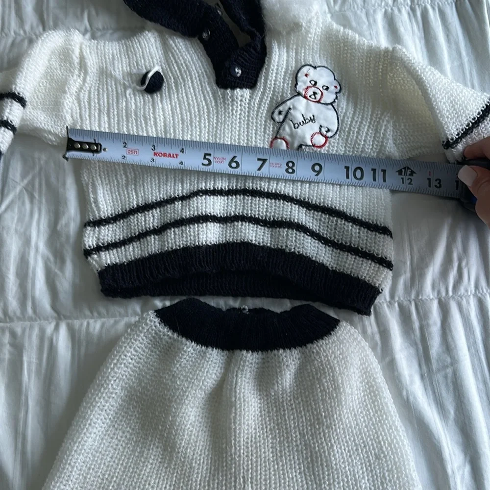 Vintage teddy bear Adorable White and Black Knit Baby Outfit